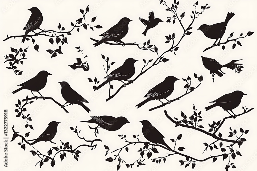 Fototapeta premium Black Silhouettes of Birds Perched on Branches With Leaves