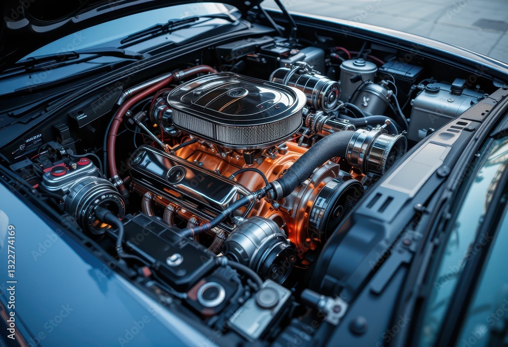 Detailed Close-Up of a Modern Engine with Mechanical Components Detailed Close-Up of a Modern Engine with Mechanical Components