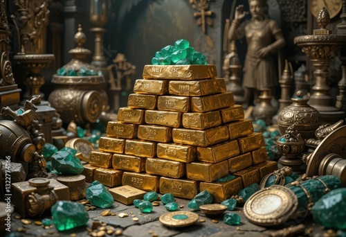 Golden Bars with Emeralds Surrounded by Ancient Artifacts and Decor