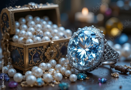 Elegant Jewelry with Sparkling Diamonds and Pearls in Treasure Chest
