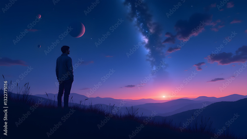 Fototapeta premium A person stands in a field, silhouetted against a twilight sky filled with stars, planets, and a crescent moon, evoking feelings of curiosity and awe in nature.