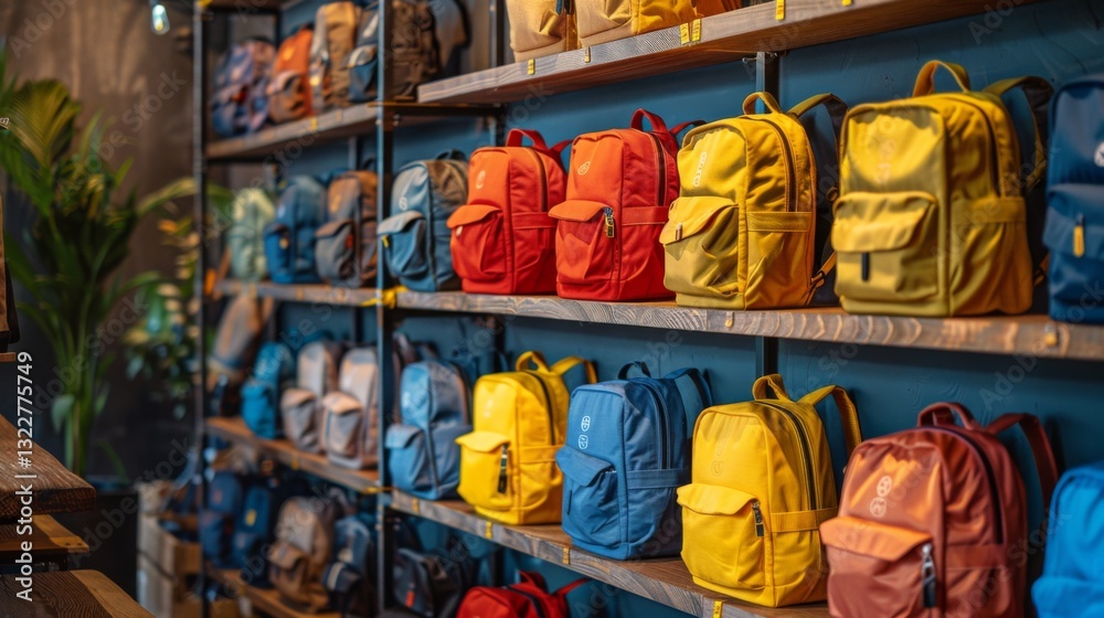 Fototapeta premium Various vibrant backpacks in multiple colors are organized on wooden shelves in a retail space. The atmosphere is bright and inviting, showcasing a trendy selection.