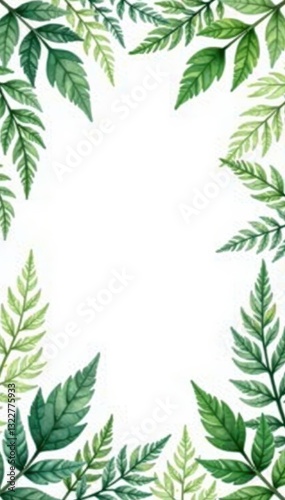 Delicate watercolor fern leaves frame Elegant botanical card border , spring, template, soft
