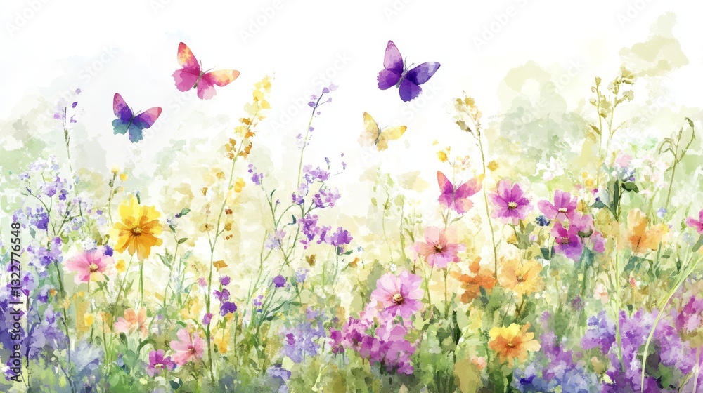Fototapeta premium 8.A vibrant, watercolor-style illustration featuring a field of wildflowers in full bloom, with delicate butterflies fluttering above them. The flowers are in soft shades of purple, pink, and yellow,