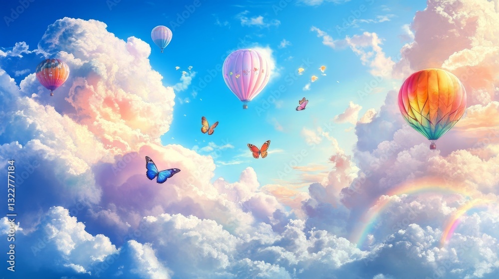 Fototapeta premium 19.Beautiful Fluffy Clouds with Butterflies, Hot Air Balloons, and Rainbow
