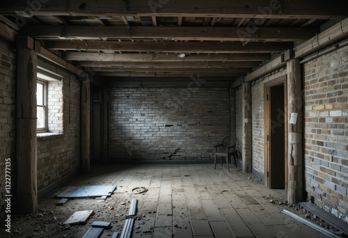 Wallpaper Mural Abandoned Room Interior with Wooden Beams and Brick Walls Torontodigital.ca