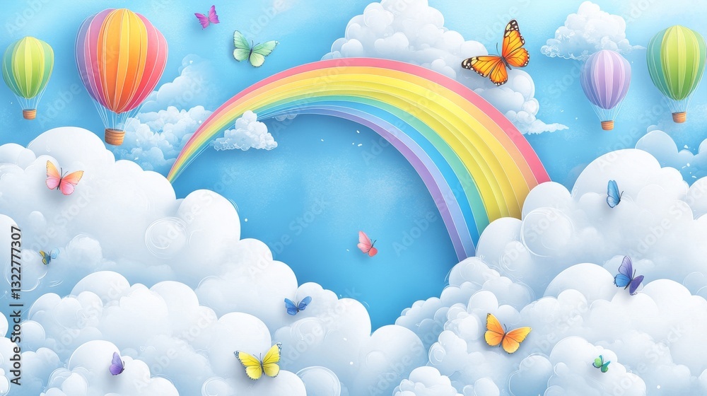 21.A playful, paper-cut style vector featuring white, fluffy clouds with a vibrant rainbow in the background. Butterflies flutter around while colorful hot air balloons float above the clouds, 21.A playful, paper-cut style vector featuring white, fluffy clouds with a vibrant rainbow in the background. Butterflies flutter around while colorful hot air balloons float above the clouds,