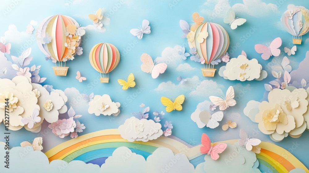 Naklejka premium 22.A charming, paper-cut style design of fluffy clouds and bright butterflies, with hot air balloons drifting in a clear blue sky. The design features soft pastel colors, with a rainbow gently