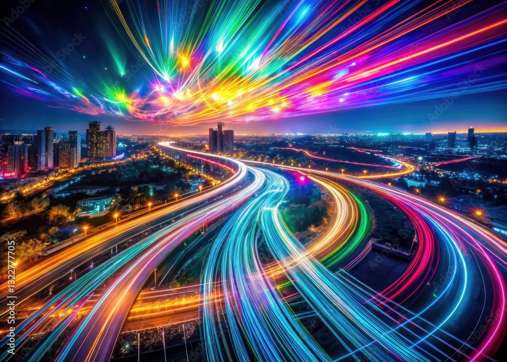 Obraz premium Drone Light Trails Photography: Abstract Night Sky, Colorful Swirls, Dynamic Aerial Shots, Futuristic Cityscape