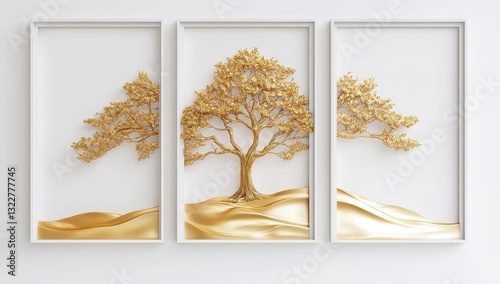 Elegant Golden Tree Art in Three Panels for Modern Home Decor