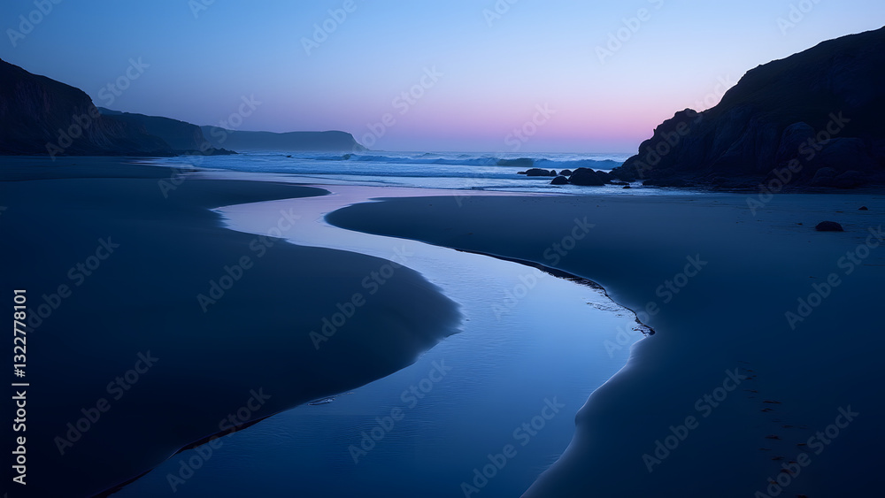 Fototapeta premium A winding river flows through a dark sandy beach at twilight, reflecting soft colors of the sky, with rugged cliffs in the background, creating a serene and tranquil coastal scene.