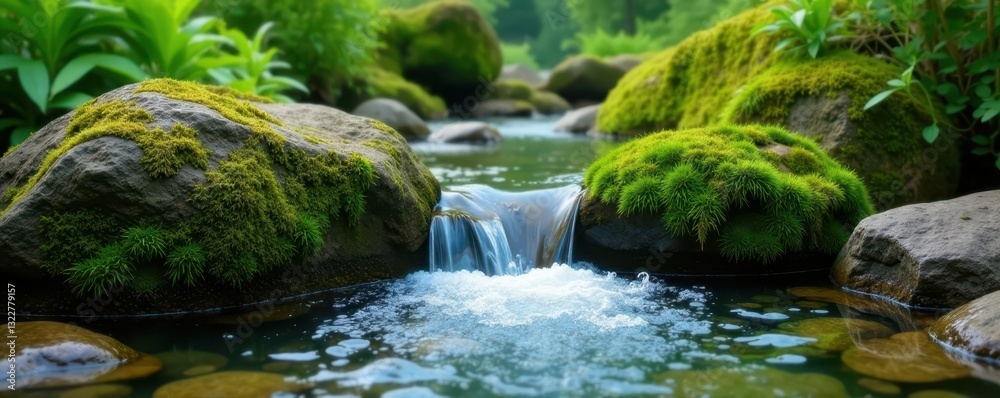 Crystal clear water tumbles down mossy rocks in vibrant garden , summer, beauty Crystal clear water tumbles down mossy rocks in vibrant garden , summer, beauty