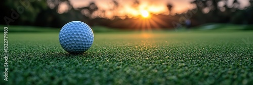 Photo of a golf ball on the green grass, ready for play in an outdoor sporting event. Web banner with copy space on the right, Wide Background