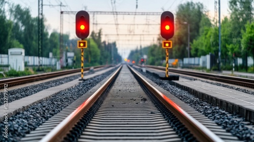 Tranquil Railway Tracks with Red Signal Lights Leading to the Horizon at Dusk in a Peaceful Setting