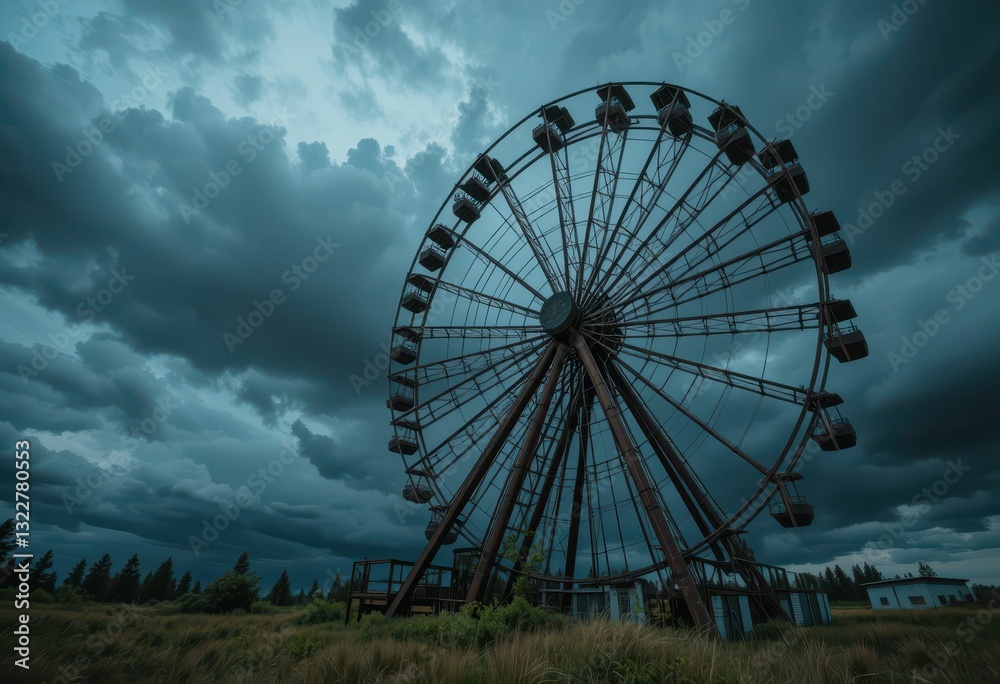 Abandoned Ferris Wheel Under Dramatic Stormy Sky at Dusk Abandoned Ferris Wheel Under Dramatic Stormy Sky at Dusk