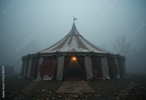 Mysterious Circus Tent in a Foggy Landscape at Dawn