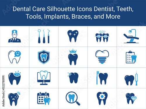 Dental Icons Dentist, Teeth, Braces, Implant, Cleaning, Tools, Dental Care Silhouette Icons Set