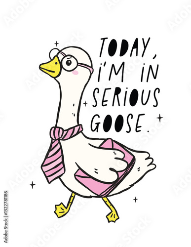 Cute Silly Goose in serious mode with necktie, Retro Cartoon Hand Drawing Meme Design