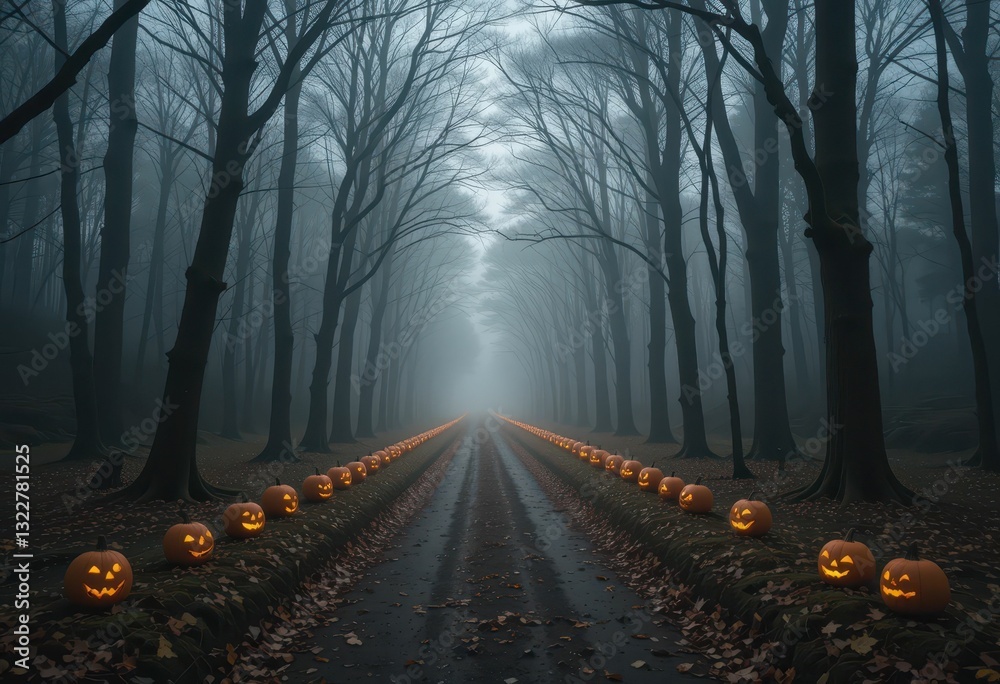 Obraz premium Mysterious Foggy Road Lined with Jack-o'-Lanterns and Dark Trees