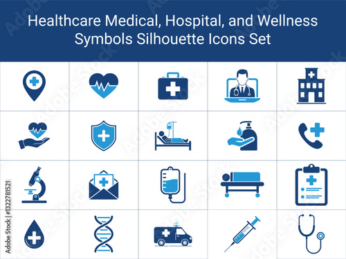 Medical Healthcare Icons, Hospital, Doctor, Clinic, Emergency, Medical Symbols Silhouette Icons Set