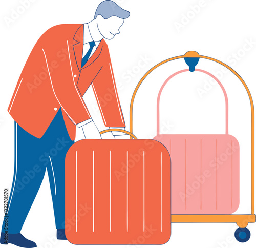 Bellboy Service: A bellboy in a vibrant red uniform assists with luggage, cart in the foreground, providing a welcoming service and demonstrating hospitality.