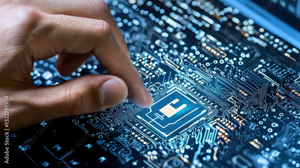Obraz premium Hand touching microchip on circuit board, symbolizing technology and innovation. intricate design showcases complexity of modern electronics