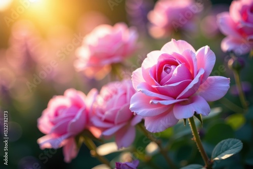 Close-up of lush lavender and pink roses bathed in sunlight , roses, lavender