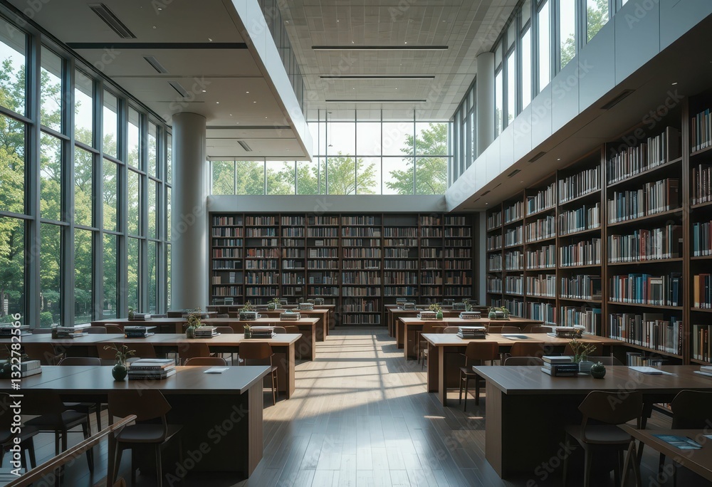 Modern Library Interior with Abundant Natural Light and Bookshelves Modern Library Interior with Abundant Natural Light and Bookshelves