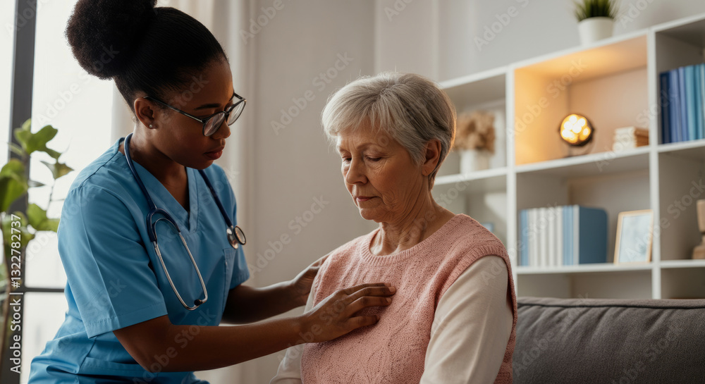 Fototapeta premium African female nurse assisting elderly caucasian woman in home care setting