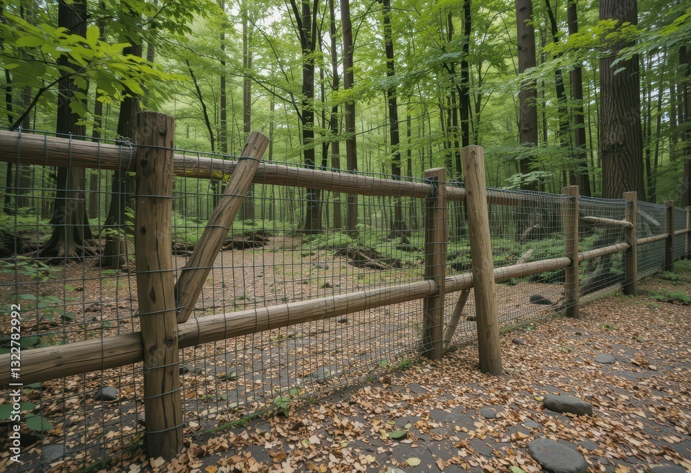 Forest Path with Wooden Fence Surrounded by Lush Green Trees Forest Path with Wooden Fence Surrounded by Lush Green Trees