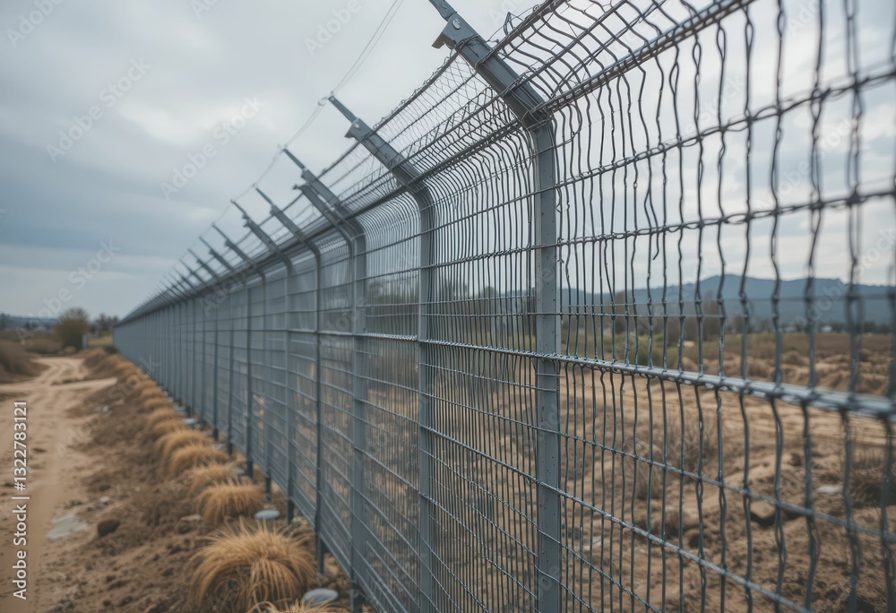 Security Fence Along Barren Landscape Under Overcast Sky Security Fence Along Barren Landscape Under Overcast Sky