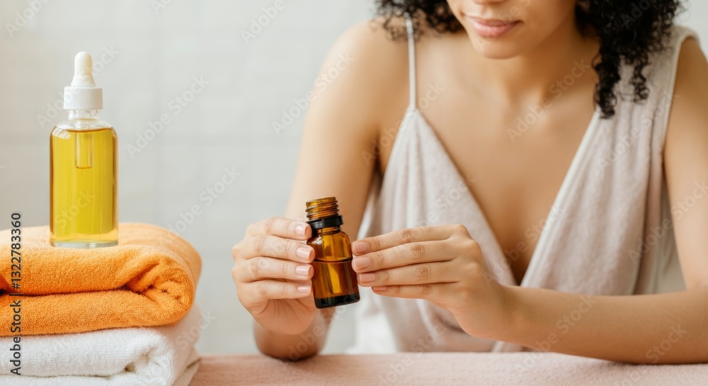 Fototapeta premium African female adult holding essential oil bottle in relaxing spa environment