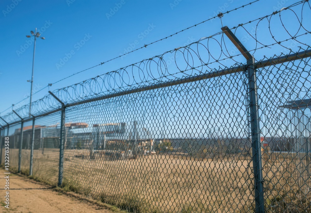 Barbed Wire Fence Surrounding Secure Facility Under Clear Blue Sky Barbed Wire Fence Surrounding Secure Facility Under Clear Blue Sky