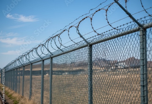 Barbed Wire Fence Under Blue Sky with Open Fields in Background photo