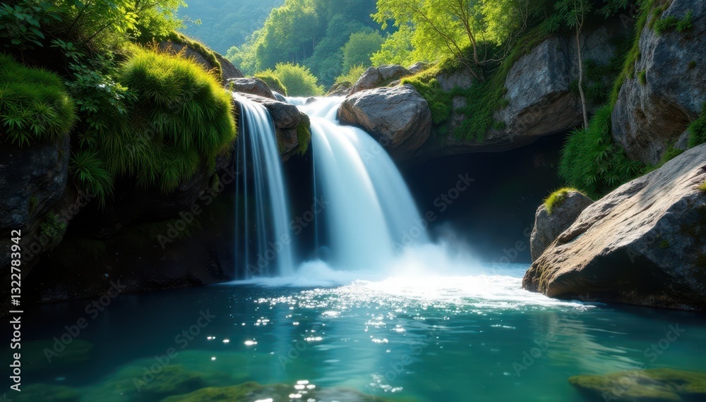 Naklejka premium Crystal clear water plunges over mossy mountainside , flora, ecosystem, peaceful