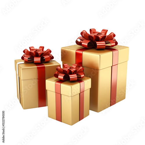 Elegant Gold Gift Boxes with Red Bows for Holidays isolated on transparent background