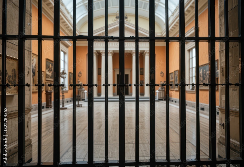Mysterious Art Gallery Behind Metal Bars with Columns and Paintings Mysterious Art Gallery Behind Metal Bars with Columns and Paintings