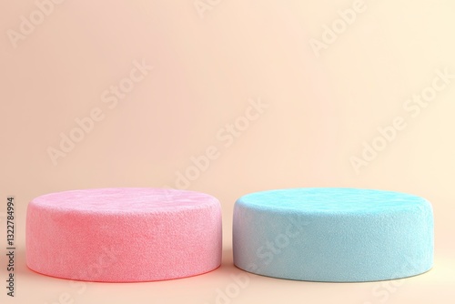 Soft Round Cushions in Pink and Blue Against a Simple Background
