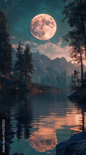 Serene Night Landscape: Moonlit Lake and Mountains