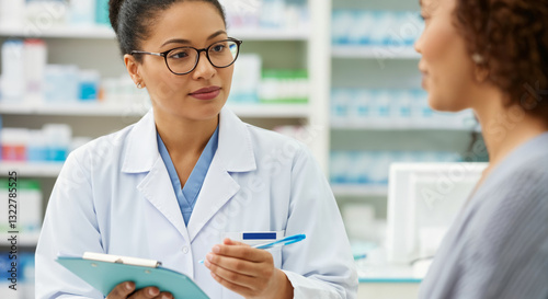 Female african young pharmacist consulting female customer in pharmacy