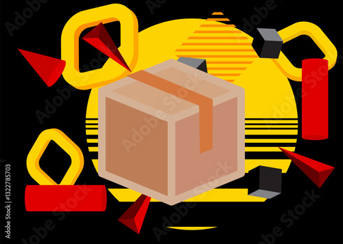 Cardboard Box geometrical graphic retro theme background. Minimal geometric elements. Vintage abstract shapes vector illustration.