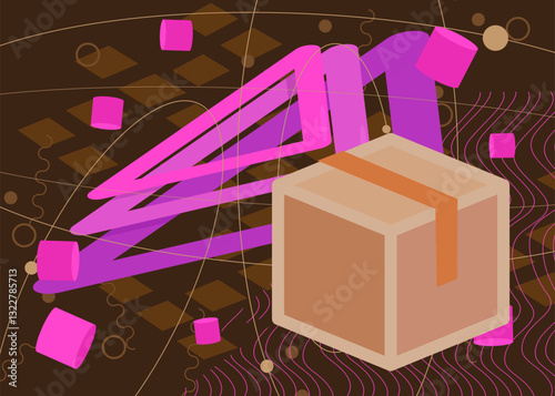 Cardboard Box geometrical graphic retro theme background. Minimal geometric elements. Vintage abstract shapes vector illustration.