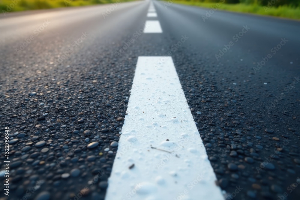 Close-up view, fresh white road stripe detail , street marking, line Close-up view, fresh white road stripe detail , street marking, line