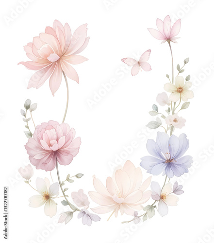 Pastel pink purple watercolor flowers for design. Isolated on transparent background. 