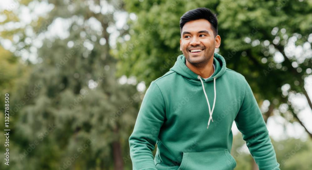 Hispanic young adult male smiling in green hoodie outdoors