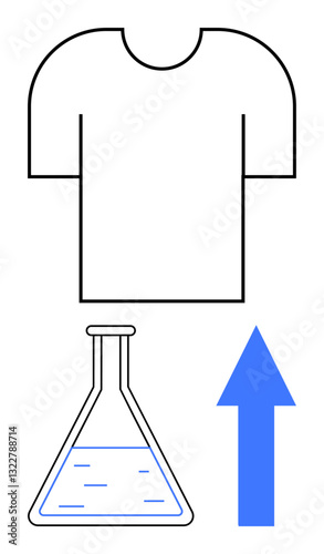 T-shirt, liquid-filled lab flask, and upward arrow representing sustainable fashion, innovation, eco-friendly ideas, progress, experimentation, organic products and research-driven solutions. Flat