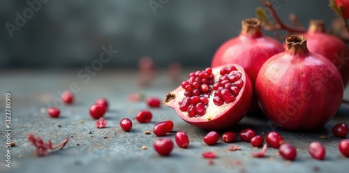 Crimson pomegranate blossoms scattered on grey concrete , floral, red