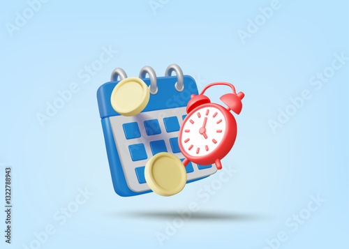 3D Vector Illustration Rendering of Alarm Clock, Calendar and Coins Icon. Concept of Payroll Management by Cycle, Spending Planning, Allocating and Managing Income and Expenses for Maximum Benefit.