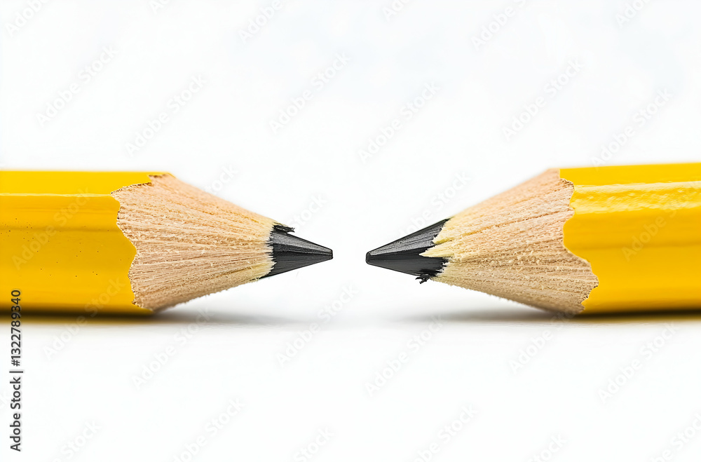 Fototapeta premium Closeup of Two Identical Yellow Pencils Pointing Toward Each Other on a Clean White Background with Minimalist Aesthetic and Sharp Details