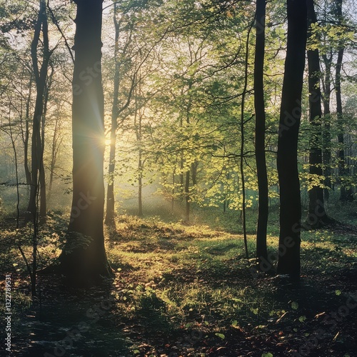 Wallpaper Mural Golden sunlight filters through the lush green canopy of a dense forest, casting dappled light on the vibrant leaves scattered across the forest floor, creating a serene, tranquil atmosphere. Torontodigital.ca